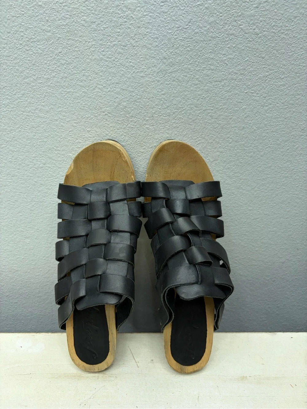 Free People Black Leather Woven Studded Wooden Sandals Size 39